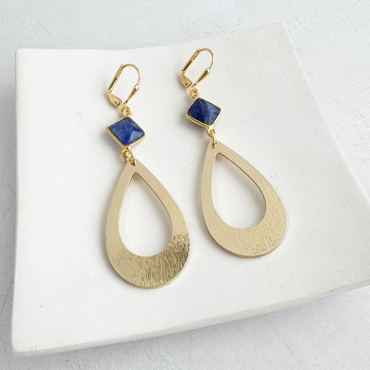 Sapphire Teardrop Statement Earrings in Brushed Gold