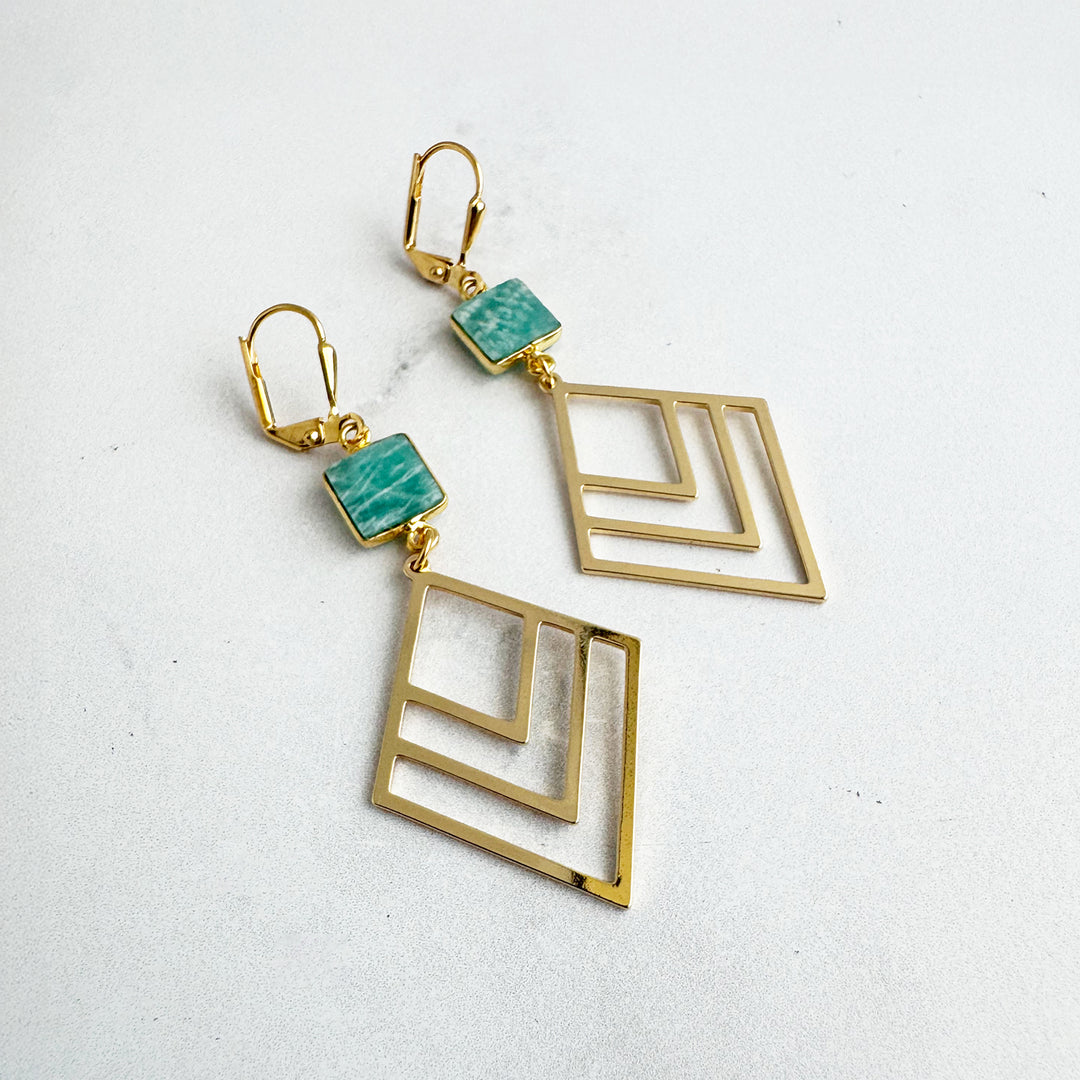 Amazonite and Layered Diamond Statement Earrings in Gold