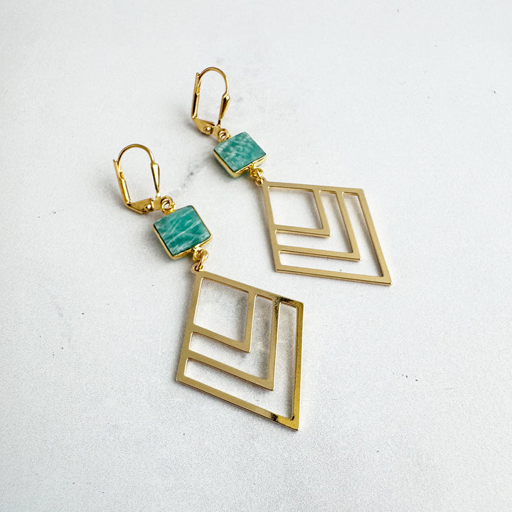 Amazonite and Layered Diamond Statement Earrings in Gold