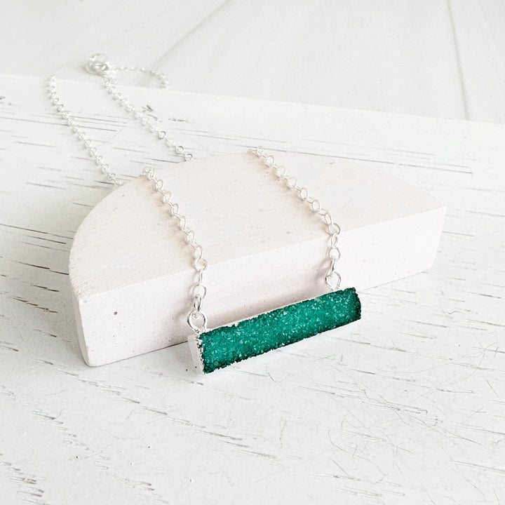 Aqua Green Druzy Bar Necklace in Sterling Silver