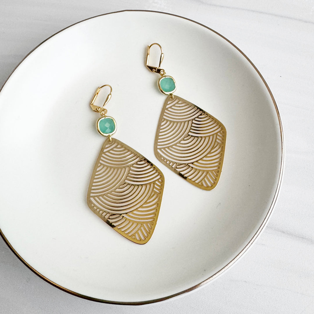 Unique Brass Gold Statement Earrings with Aqua Glass Stones