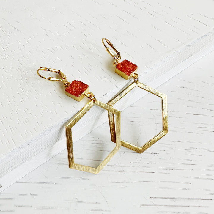 Orange Druzy Hexagon Statement Earrings in Brushed Brass Gold