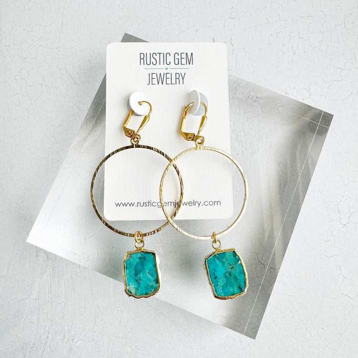 Freeform Turquoise Hoop Dangle Earrings in Brushed Gold