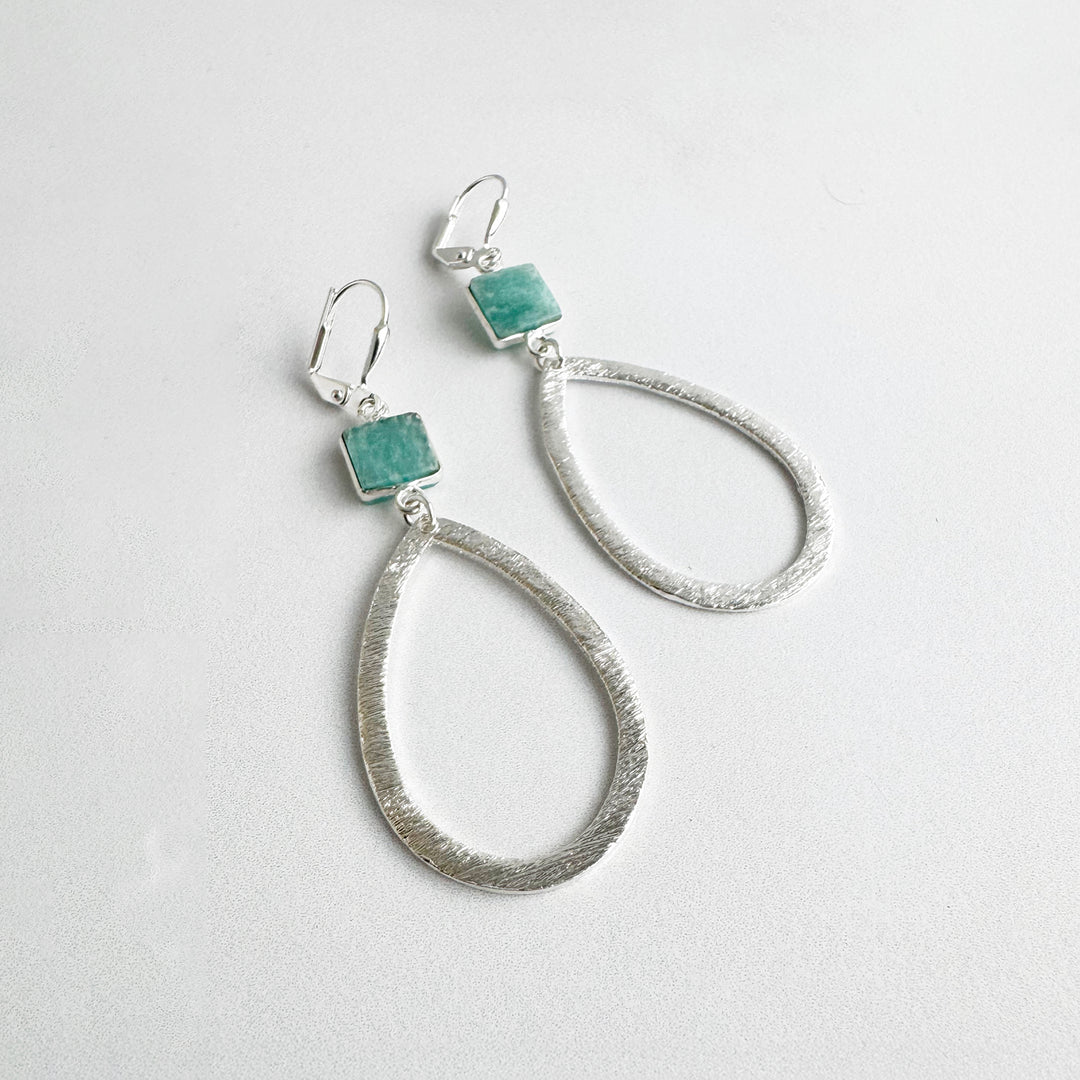 Amazonite and Brushed Teardrop Dangle Earrings in Silver