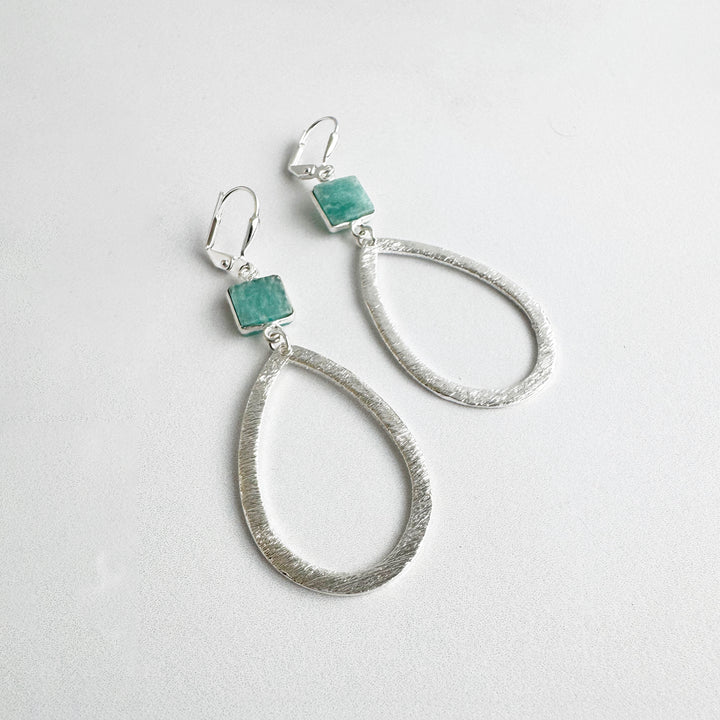 Amazonite and Brushed Teardrop Dangle Earrings in Silver