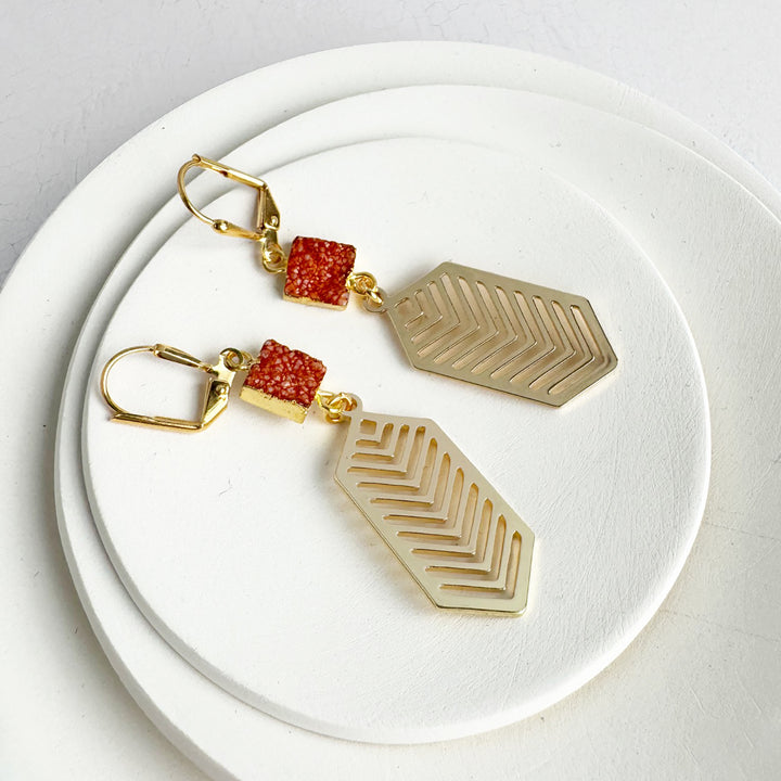 Orange Druzy Chevron Dangle Earrings in Gold