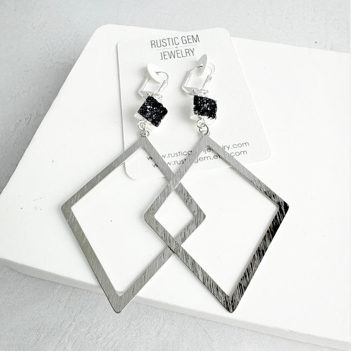 Diamond Pendant and Black Druzy Dangle Earrings in Brushed Gold