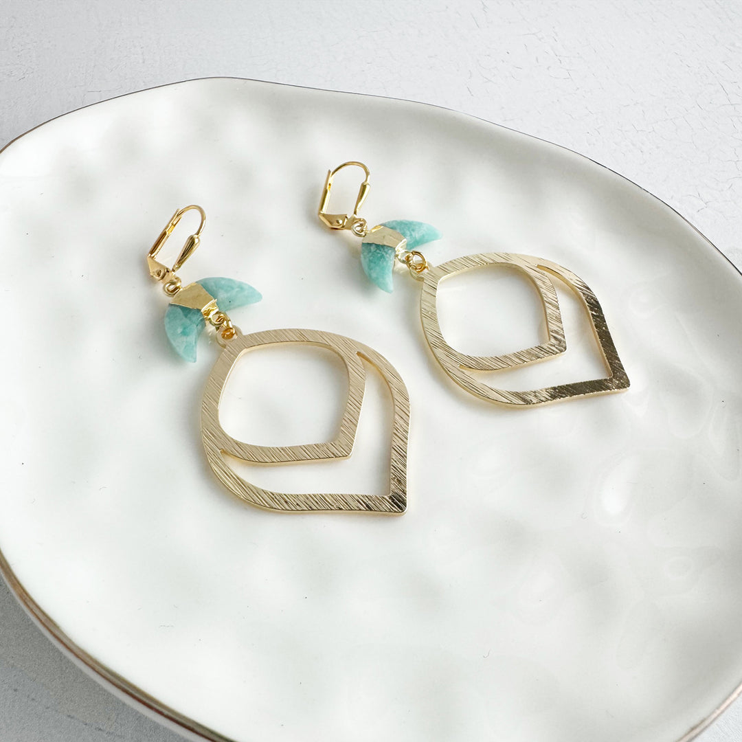 Amazonite Crescent Dangle Earrings in Brushed Gold