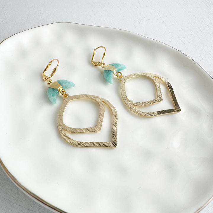 Amazonite Crescent Dangle Earrings in Brushed Gold