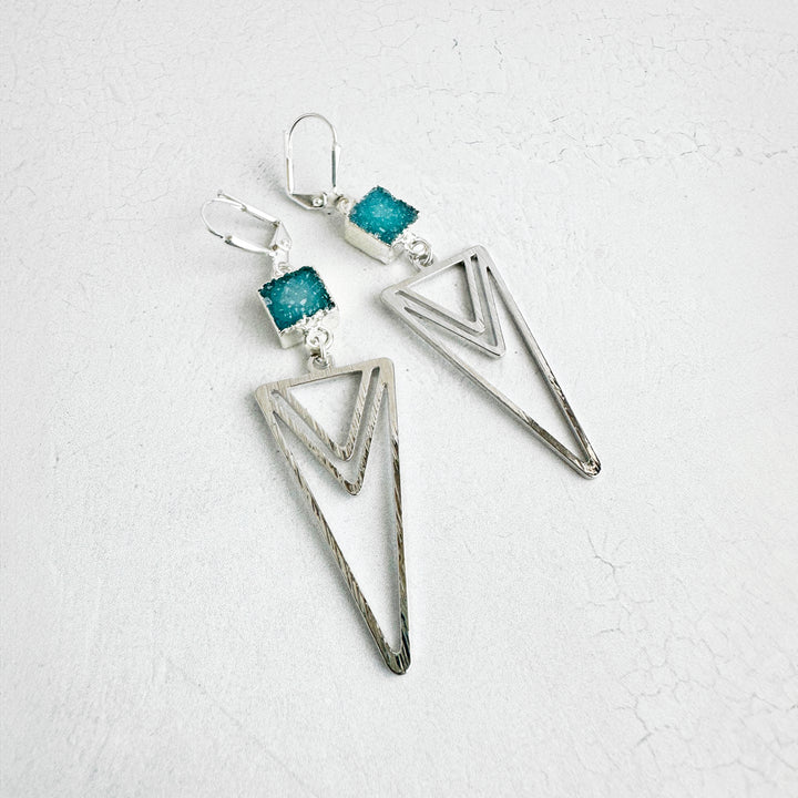 Layered Triangle Brushed Silver Earrings with Ocean Blue Druzy Stones