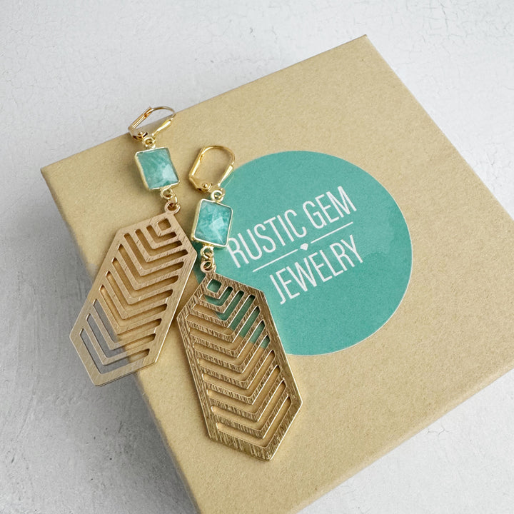 Amazonite Chevron Dangle Earrings in Brass Gold