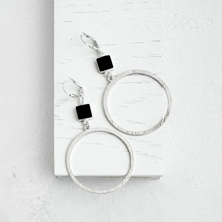 Large Black Onyx Hoop Earrings in Brushed Silver