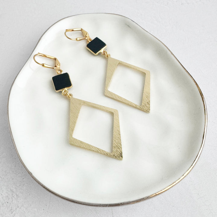 Black Onyx Diamond Pendant Earrings in Brushed Gold