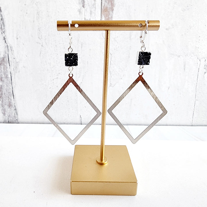 Diamond Pendant and Black Druzy Dangle Earrings in Brushed Gold
