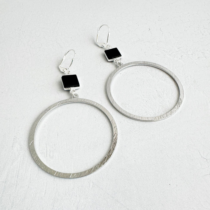 Large Black Onyx Hoop Earrings in Brushed Silver