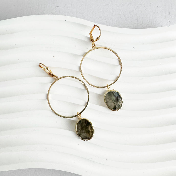 Freeform Labradorite Hoop Dangle Earrings in Brushed Gold