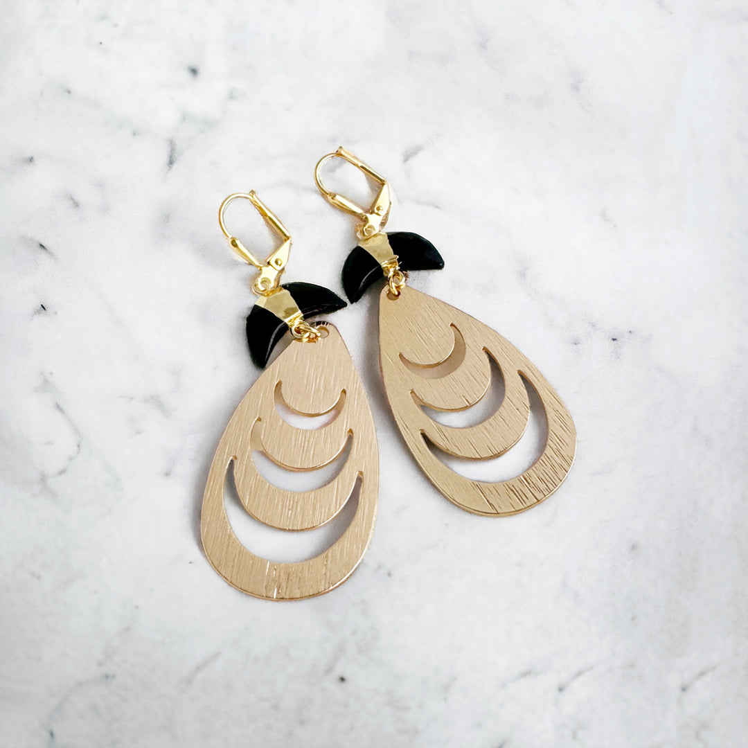 Black Onyx Crescent Earrings in Brushed Gold