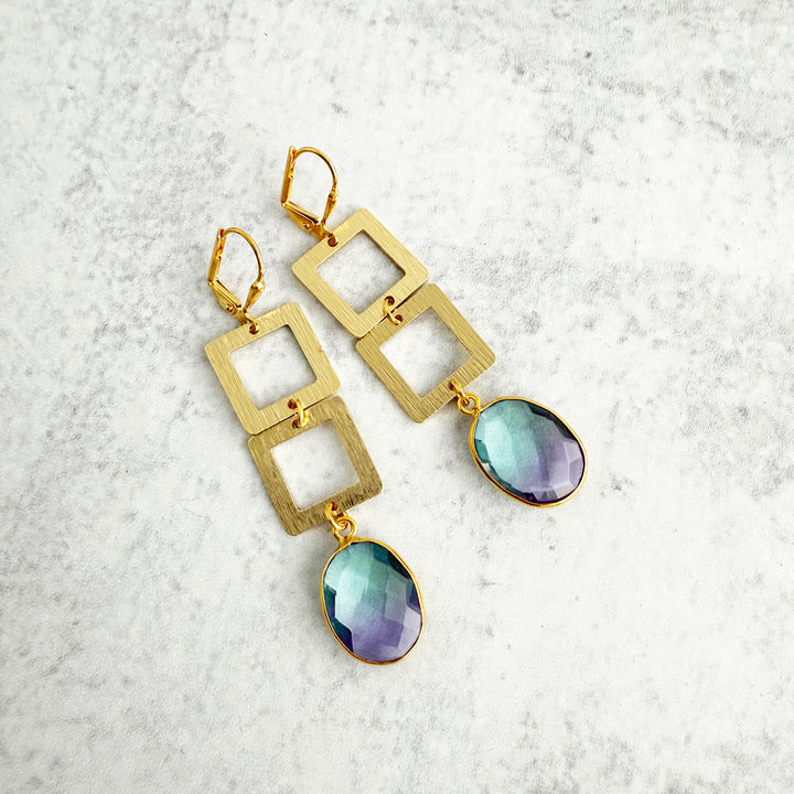 Purple Blue Aura Quartz and Square Dangle Earrings in Brushed Gold