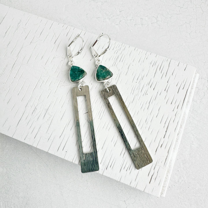 Green Mojave Rectangle Earrings in Brushed Silver