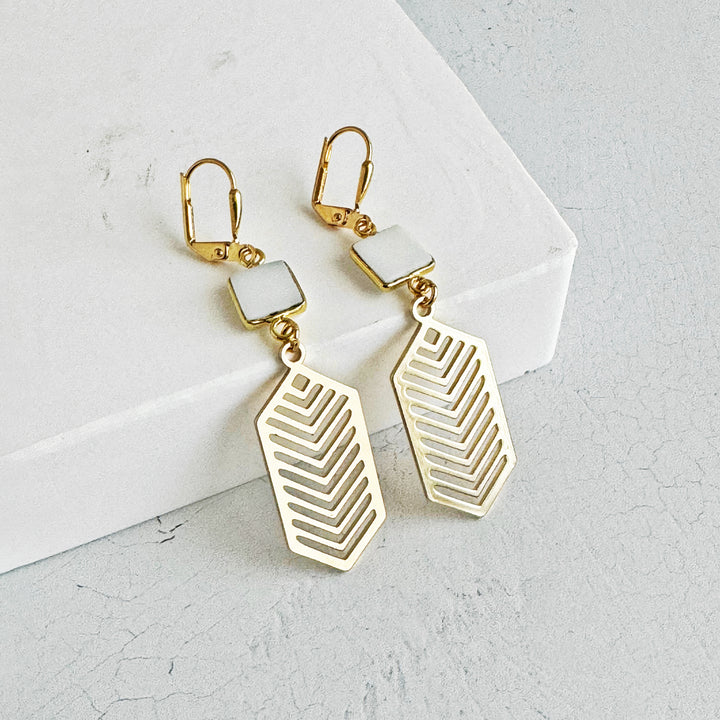White Agate Chevron Dangle Earrings in Brass Gold