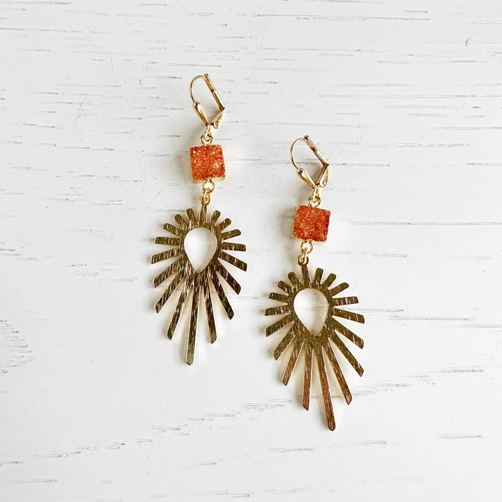 Orange Druzy Starburst Earrings in Brushed Gold