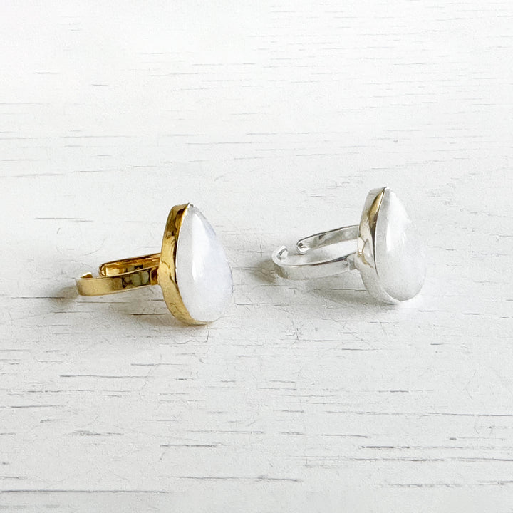 Rainbow Moonstone Teardrop Statement Ring in Gold and Silver