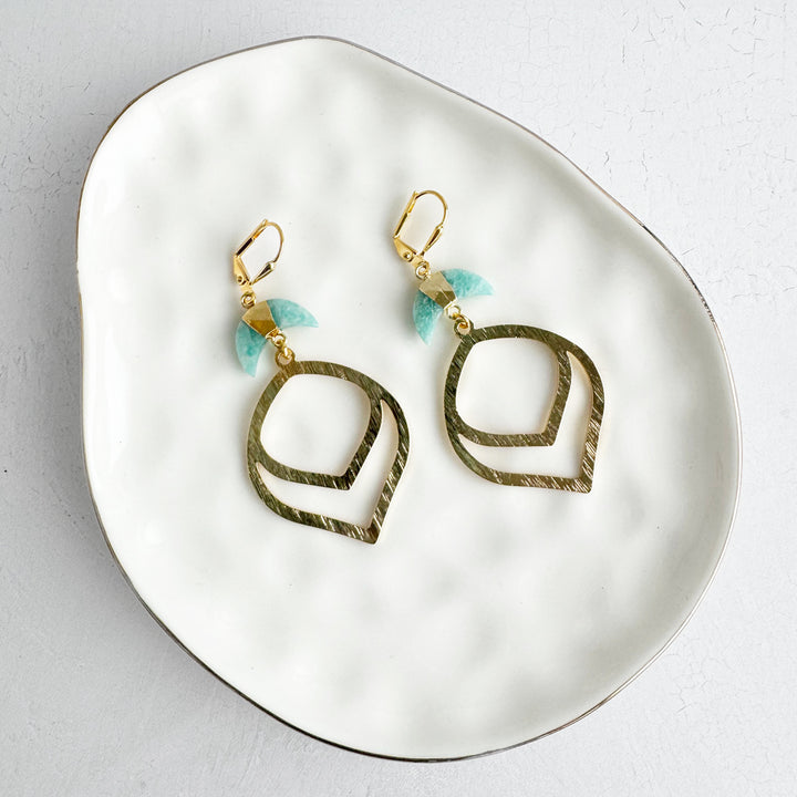 Amazonite Crescent Dangle Earrings in Brushed Gold