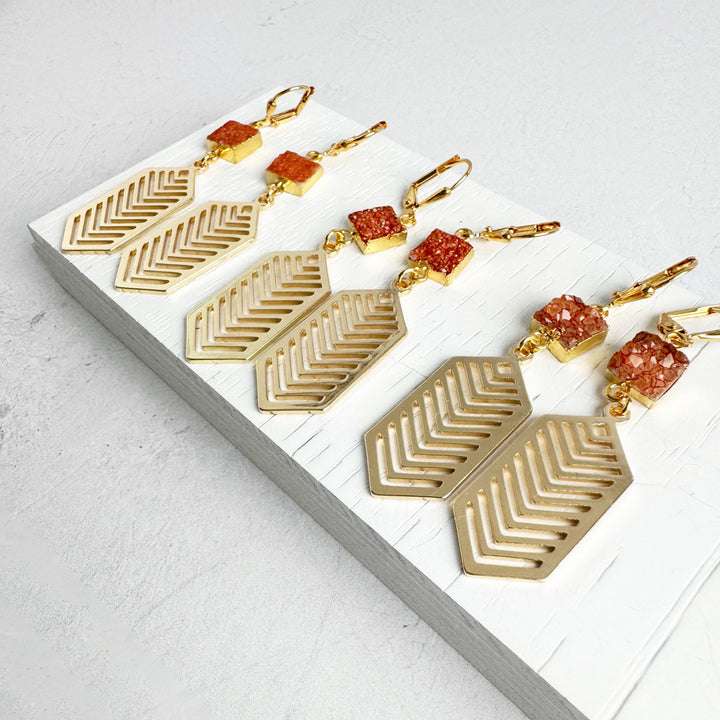 Orange Druzy Chevron Dangle Earrings in Gold