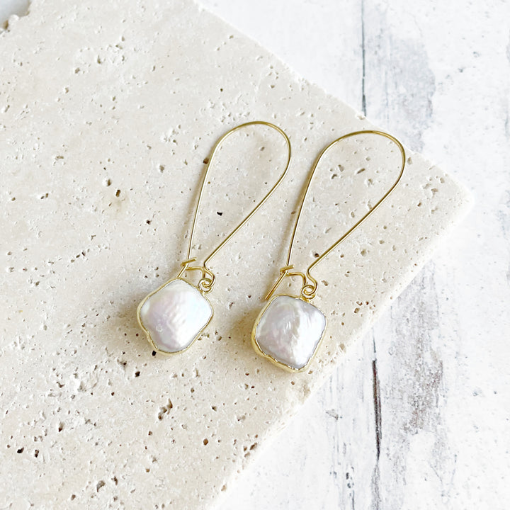 Mother of Pearl Square Drop Earrings in Gold