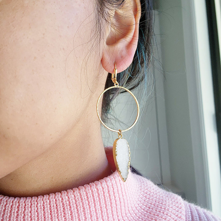 White Druzy Hoop Dangle Earrings in Gold