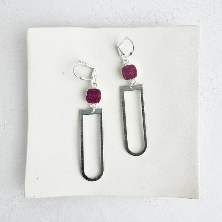 Fuchsia Druzy Horseshoe Earrings in Brushed Silver