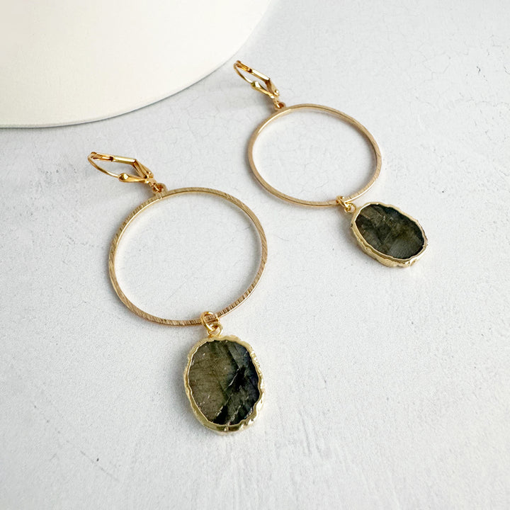 Freeform Labradorite Hoop Dangle Earrings in Brushed Gold