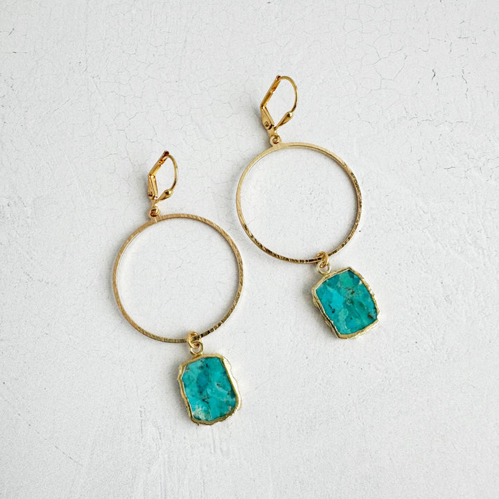 Freeform Turquoise Hoop Dangle Earrings in Brushed Gold