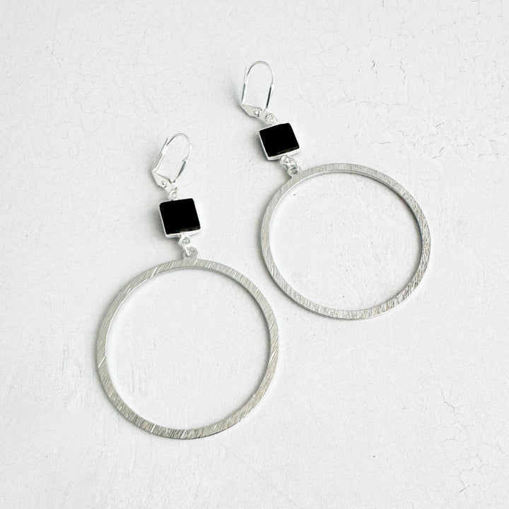 Large Black Onyx Hoop Earrings in Brushed Silver