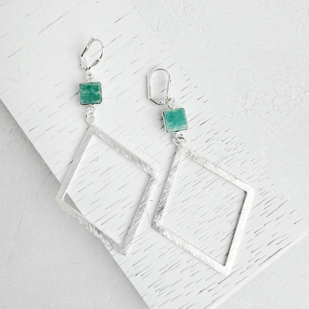 Amazonite Diamond Pendant Earrings in Brushed Silver