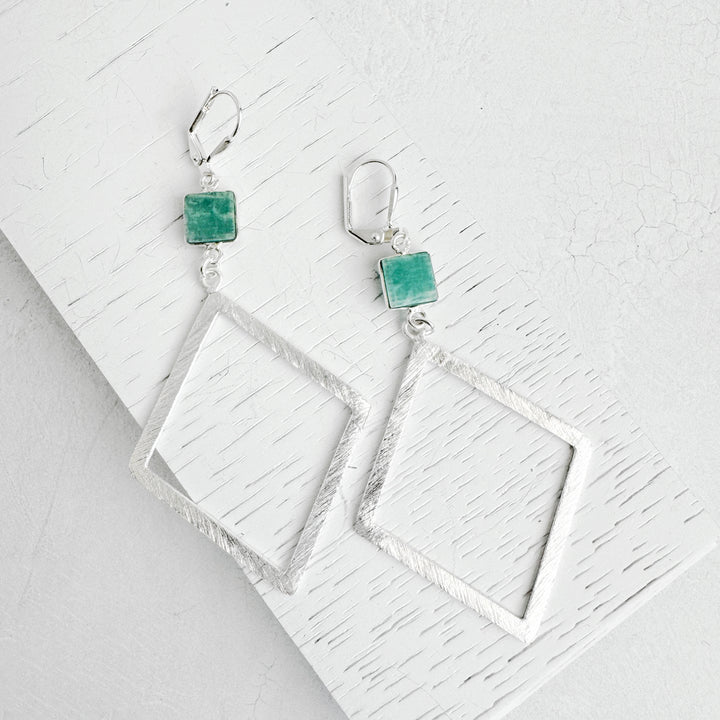 Amazonite Diamond Pendant Earrings in Brushed Silver
