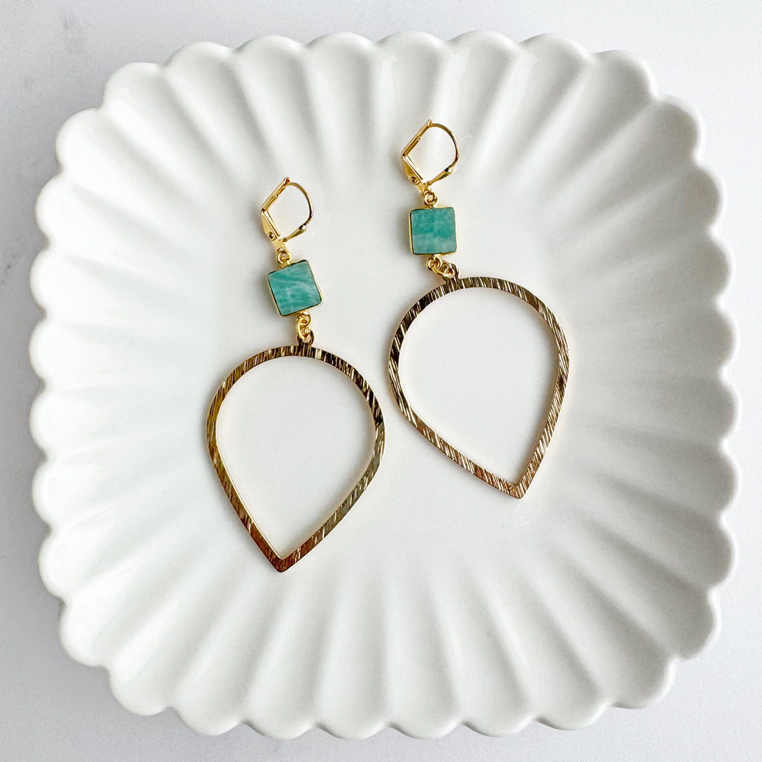 Amazonite and Brushed Inverted Teardrop Dangle Earrings in Gold
