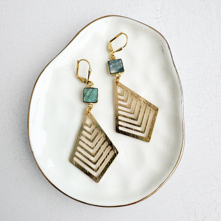 Labradorite Diamond Dangle Earrings in Brushed Gold