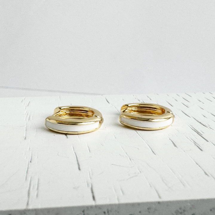 White Enamel Huggie Earrings in 18k Gold