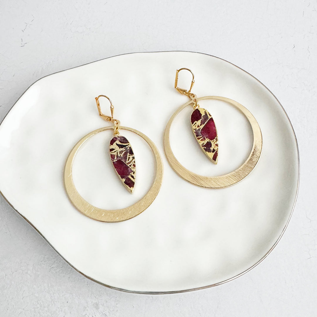 Red Mojave Hoop Statement Earrings in Brushed Gold