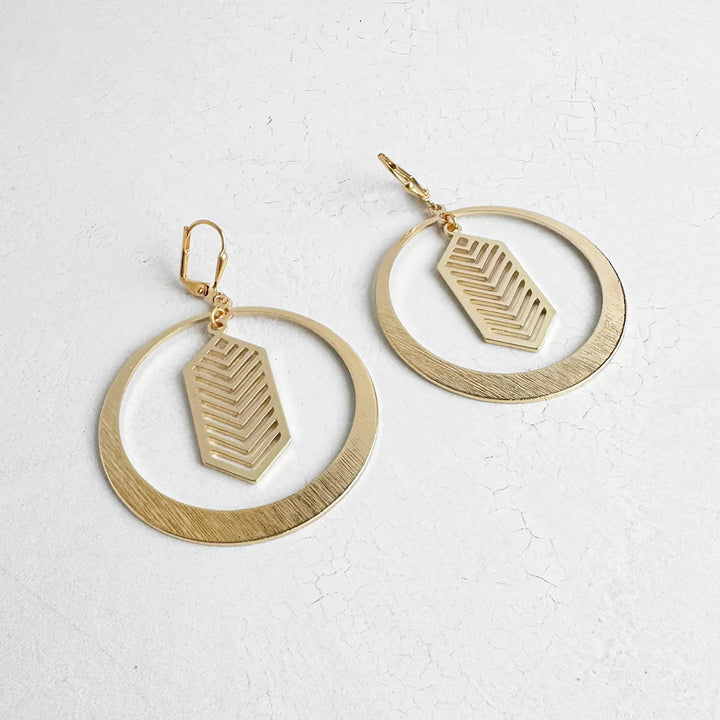 Chevron Hoop Dangle Earrings in Brushed Gold