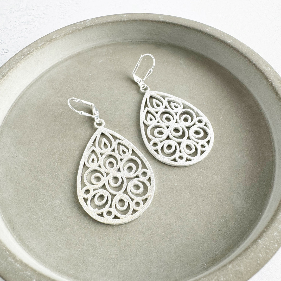 Filigree Teardrop Dangle Earrings in Brushed Silver