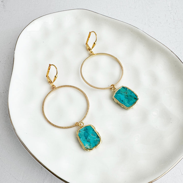 Freeform Turquoise Hoop Dangle Earrings in Brushed Gold