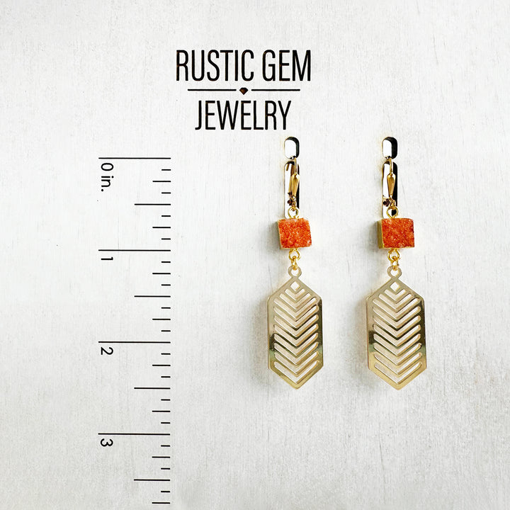 Orange Druzy Chevron Dangle Earrings in Gold