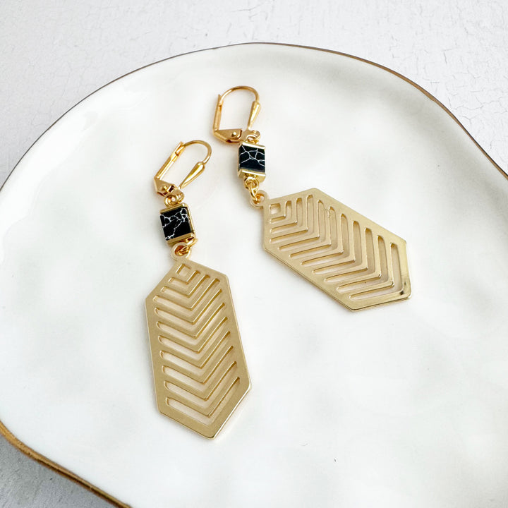 Black Howlite Chevron Dangle Earrings in Brushed Gold