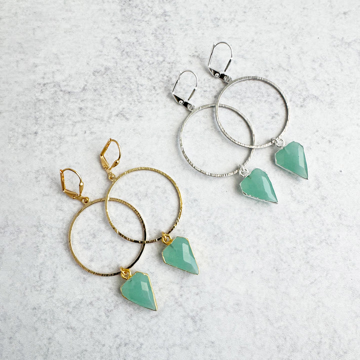 Aqua Chalcedony Shield Hoop Dangle Earrings
