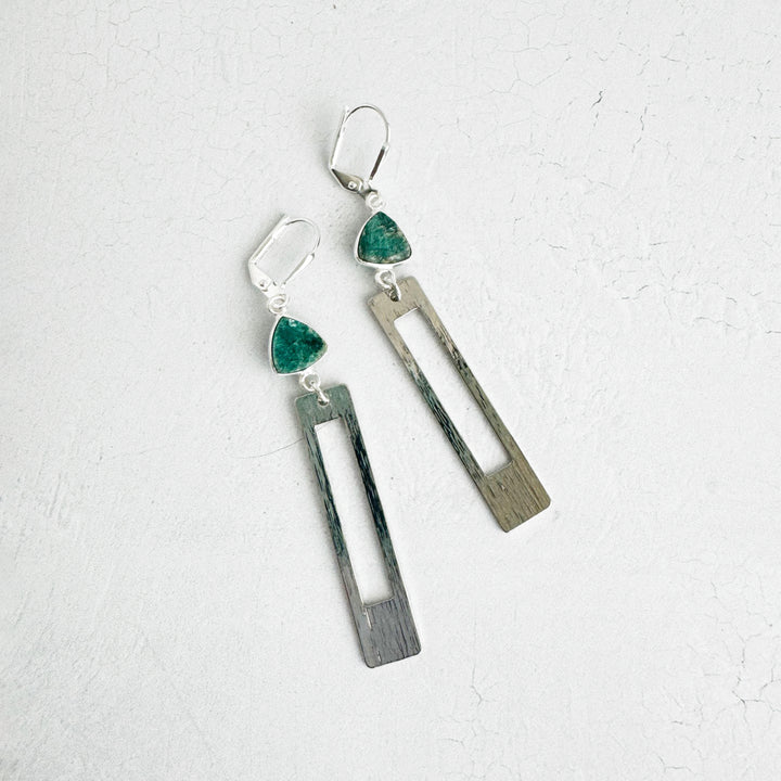 Green Mojave Rectangle Earrings in Brushed Silver