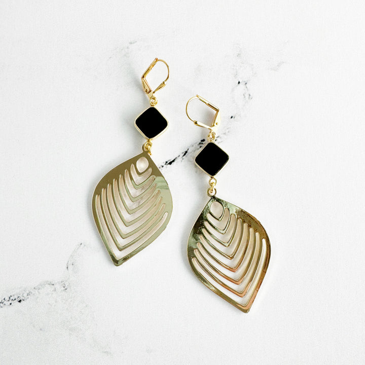 Black Onyx Leaf Statement Earrings in Brass Gold
