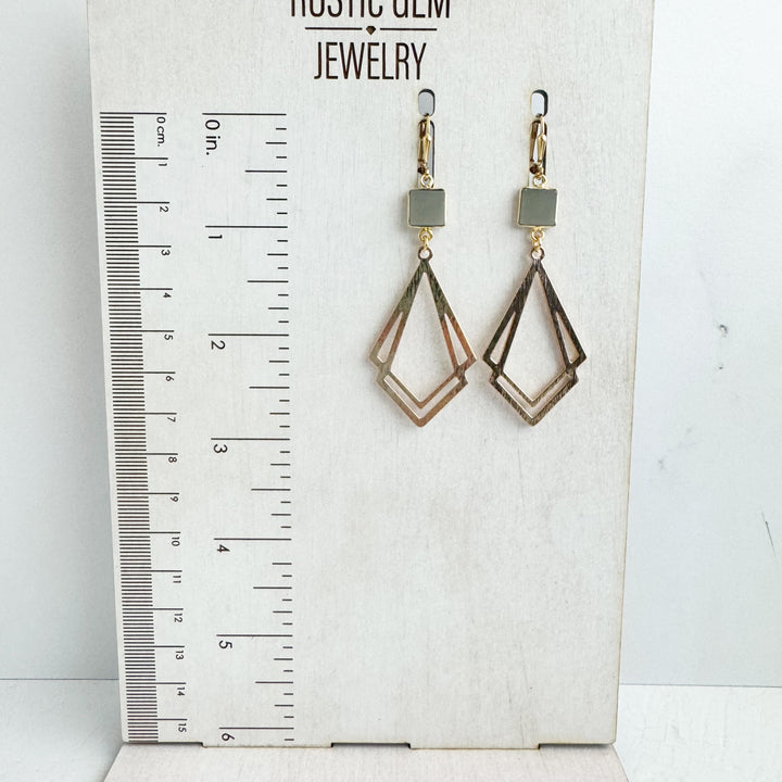 White Quartz and Double Kite Statement Earrings in Brushed Gold