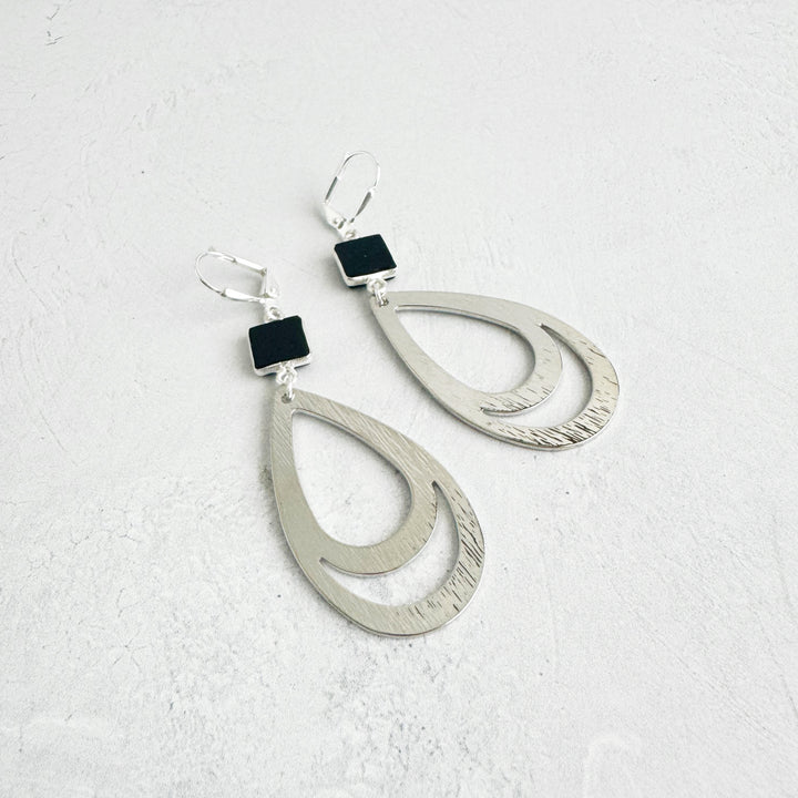 Black Onyx Double Teardrop Earrings in Brushed Silver